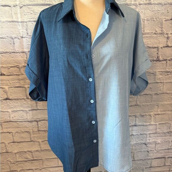 SHEIN Two-Tone Blue Button Down Shirt - Picture 1 of 5